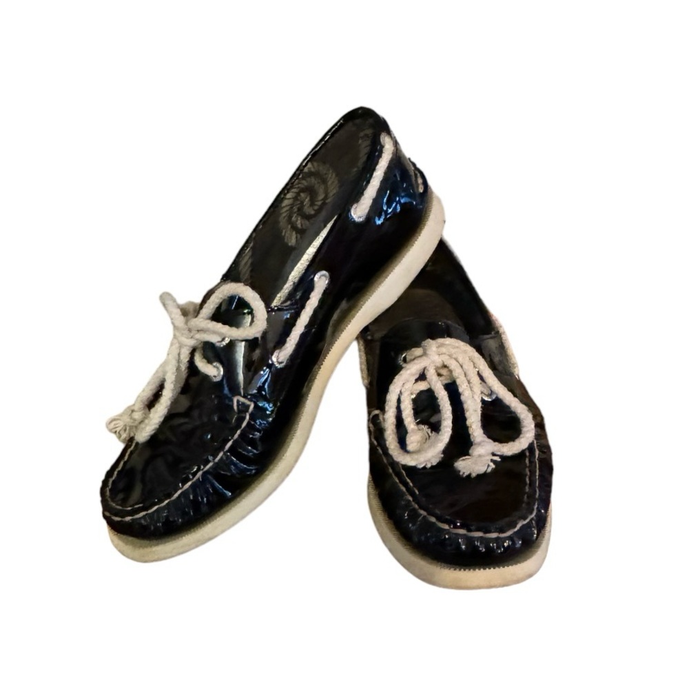 Sperry Boat Shoe/Topsider Black Patent with canvas cord laces, size 6.5
